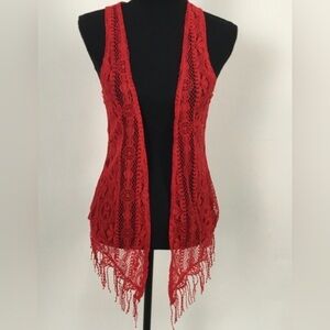 ♥️ FRINGED CROCHET RED JNR XL Vest Boho Lagenlook Hippie Knot Tie Festival